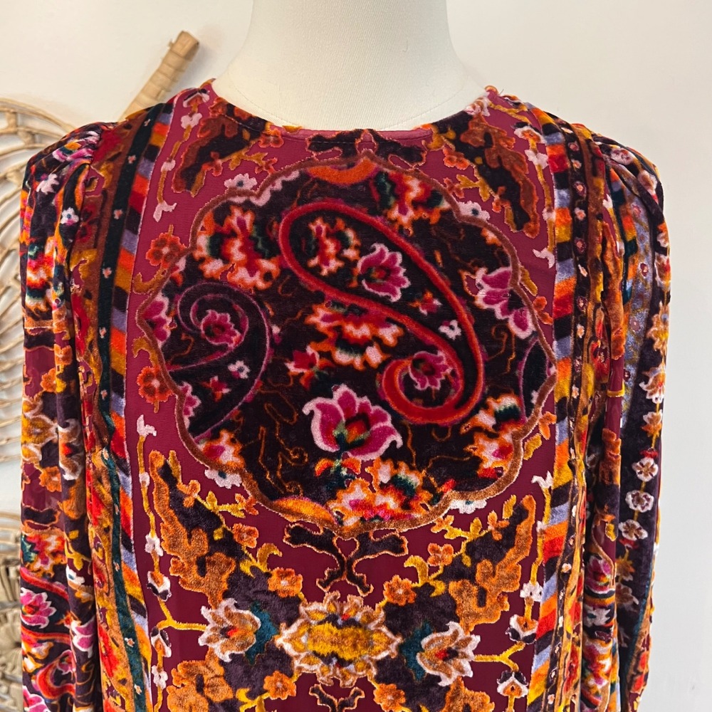 Anthropologie Red Burnout Velvet Paisley Lace Up Mini Dress Dark Academia 0 - Picture 11 of 13